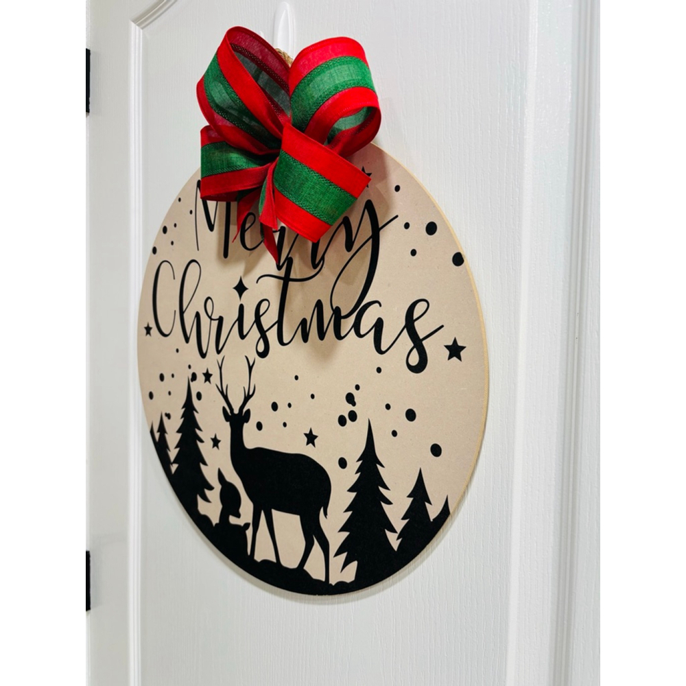Round Holiday Door Decor Merry Christmas Sign with Custom Bow,
19” Diameter - Picture 3 of 3